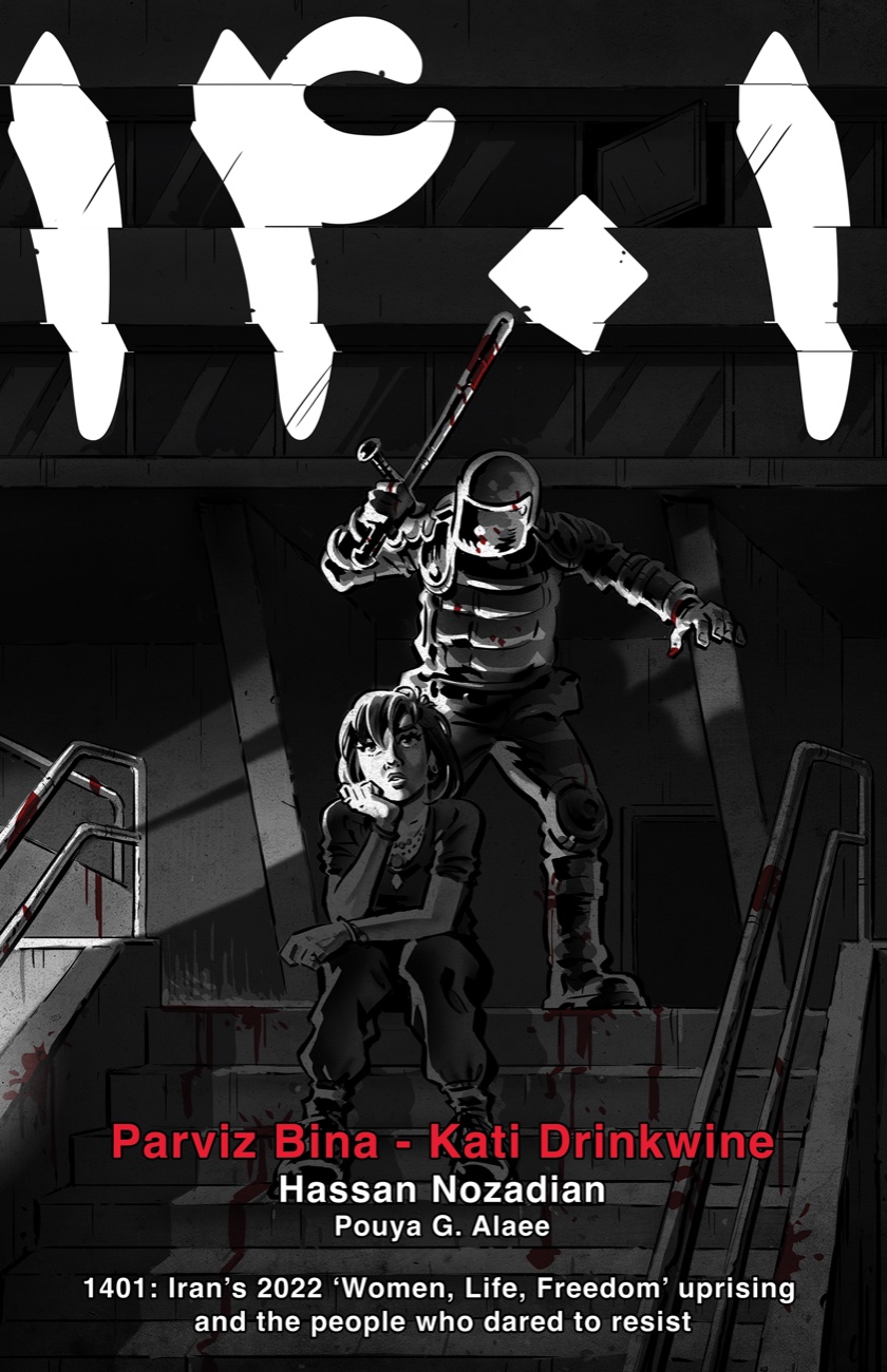 1401 graphic novel cover, with a seated young woman and an armored figure behind her